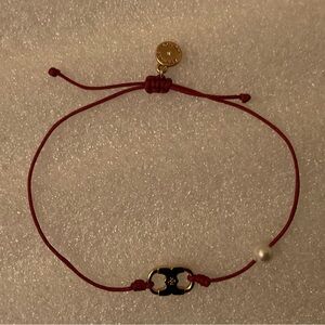 TB Embrace Ambition Bracelet Red Cord Pearl Gold Double-T Logo Empowerment EUC